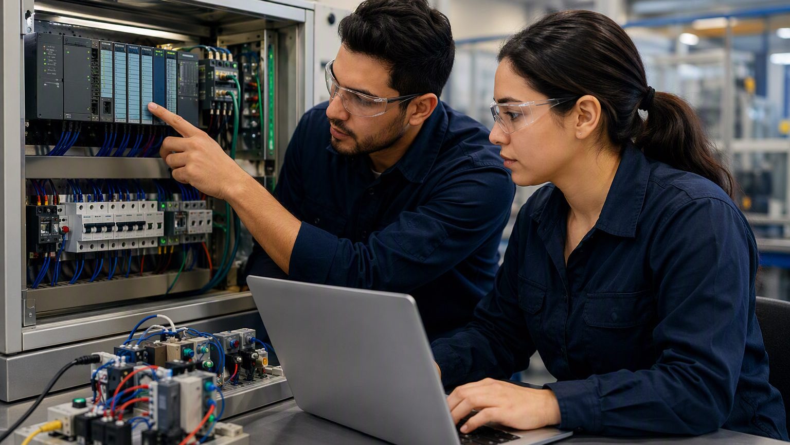 Foto de dos personas trabajando en maquinaria PLC